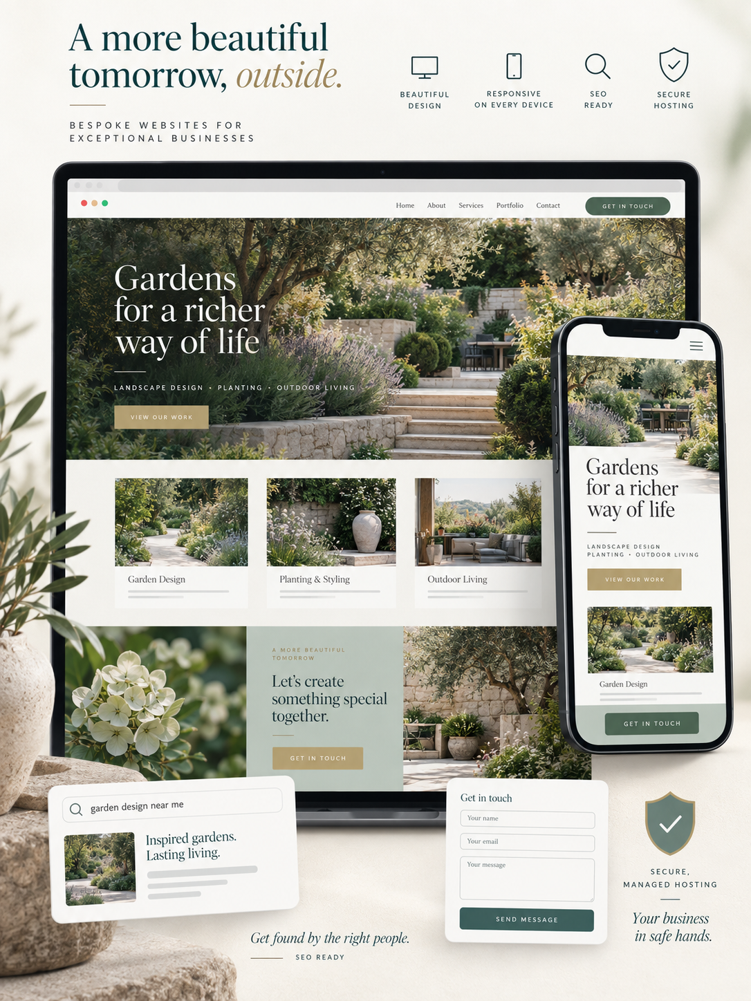 Premium responsive landscaping website shown across desktop and mobile