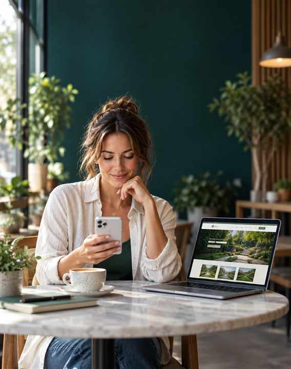 Small business owner reviewing her new website