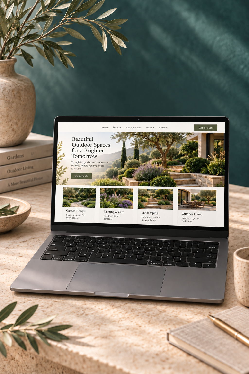 Premium landscaping website displayed on a laptop